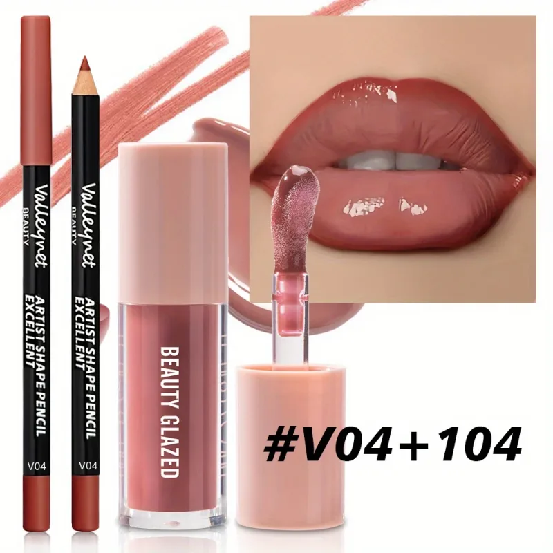 2pcs/set Velvet Texture Lip Makeup Set - Lip Liner - Lip Glaze - Waterproof Long-lasting Matte Effect Red Brown Create Moistu