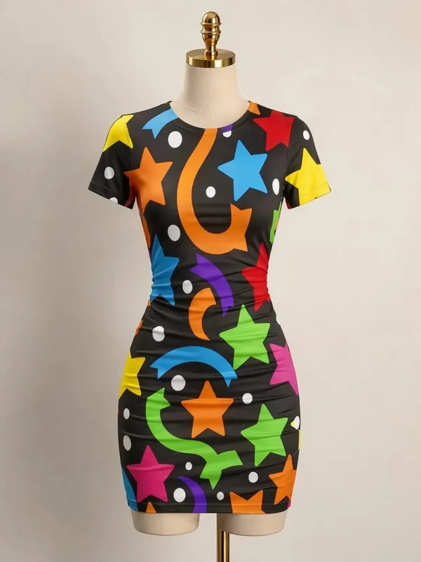 Womens Short Sleeve Bodycon Mini Dress Slim Fit Crew Neck Floral Print Casual Summer Party Cute Sweet Slimming Vacation Sundress