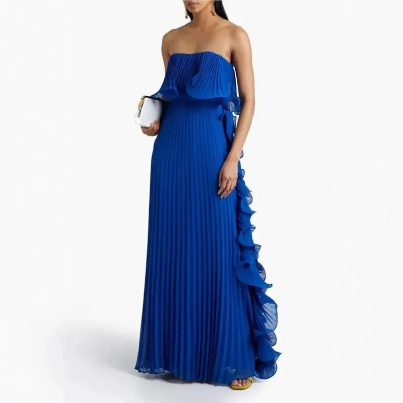Vestido de fiesta de verano para mujer, vestido largo formal de gasa plisado naranja, vestido de fiesta de playa sin tirantes con volantes hecho a medida