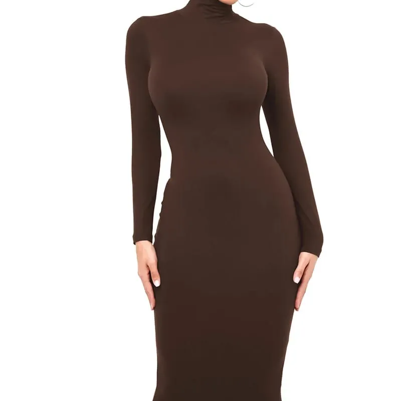 Vinter Svart Turtleneck Sexig Damklänning Höst Långärmad Skinny Midi Boydcon Casual Blå Plysch Knälång Party Club
