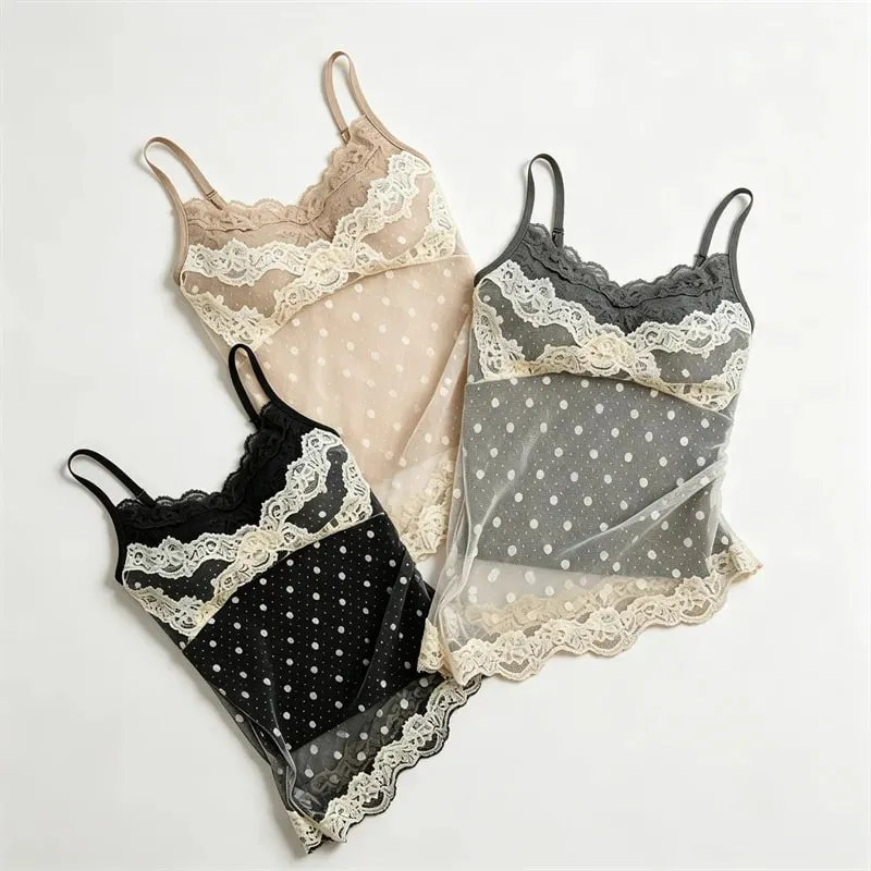 Women's Polka Dot Lace Spaghetti Strap Camisole with Pad Bust Adjustable Straps Side Lace Sexy Summer Daily Top A33079