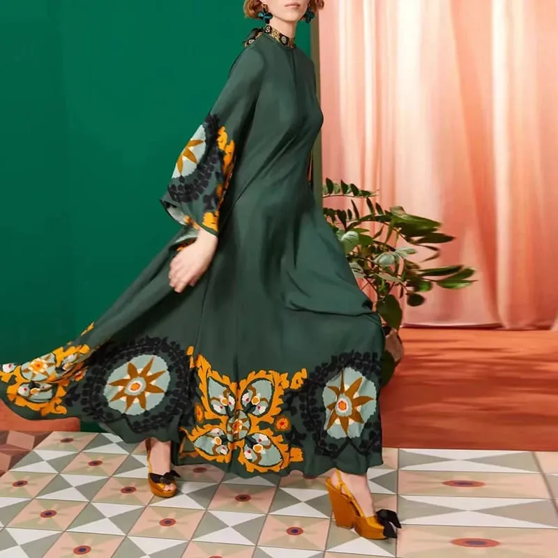 Ethnic ρετρό ανοιξιάτικο τύπωμα Boho μακρύ φόρεμα Γυναικείο σέξι όρθιο γιακά με κορδόνια φόρεμα φθινοπώρου μακρυμάνικο φαρδύ γυναικεία μάξι φορέματα