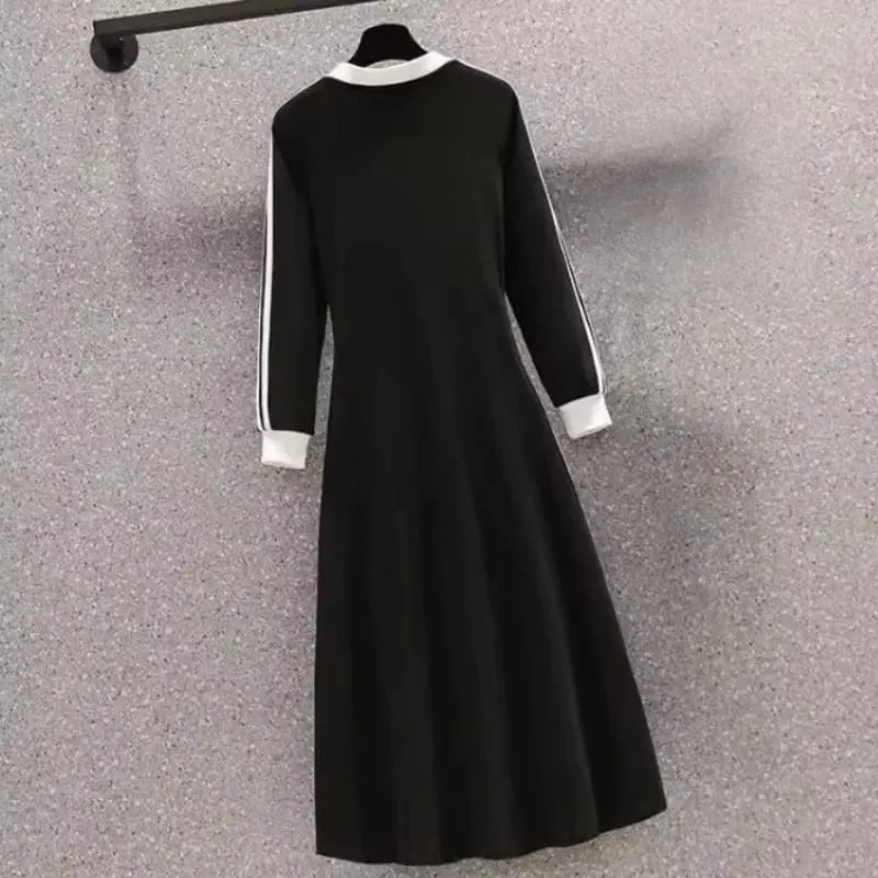Women Autumn Midi Dresses V-neck Preppy Style Elastic Long Sleeved Korean A-Line Sports Dress Black Vintage Ins Simple Y2K New