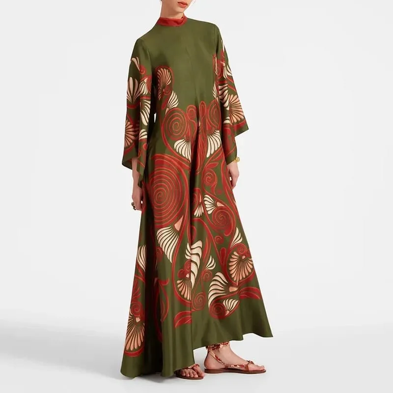 Ethnic ρετρό ανοιξιάτικο τύπωμα Boho μακρύ φόρεμα Γυναικείο σέξι όρθιο γιακά με κορδόνια φόρεμα φθινοπώρου μακρυμάνικο φαρδύ γυναικεία μάξι φορέματα