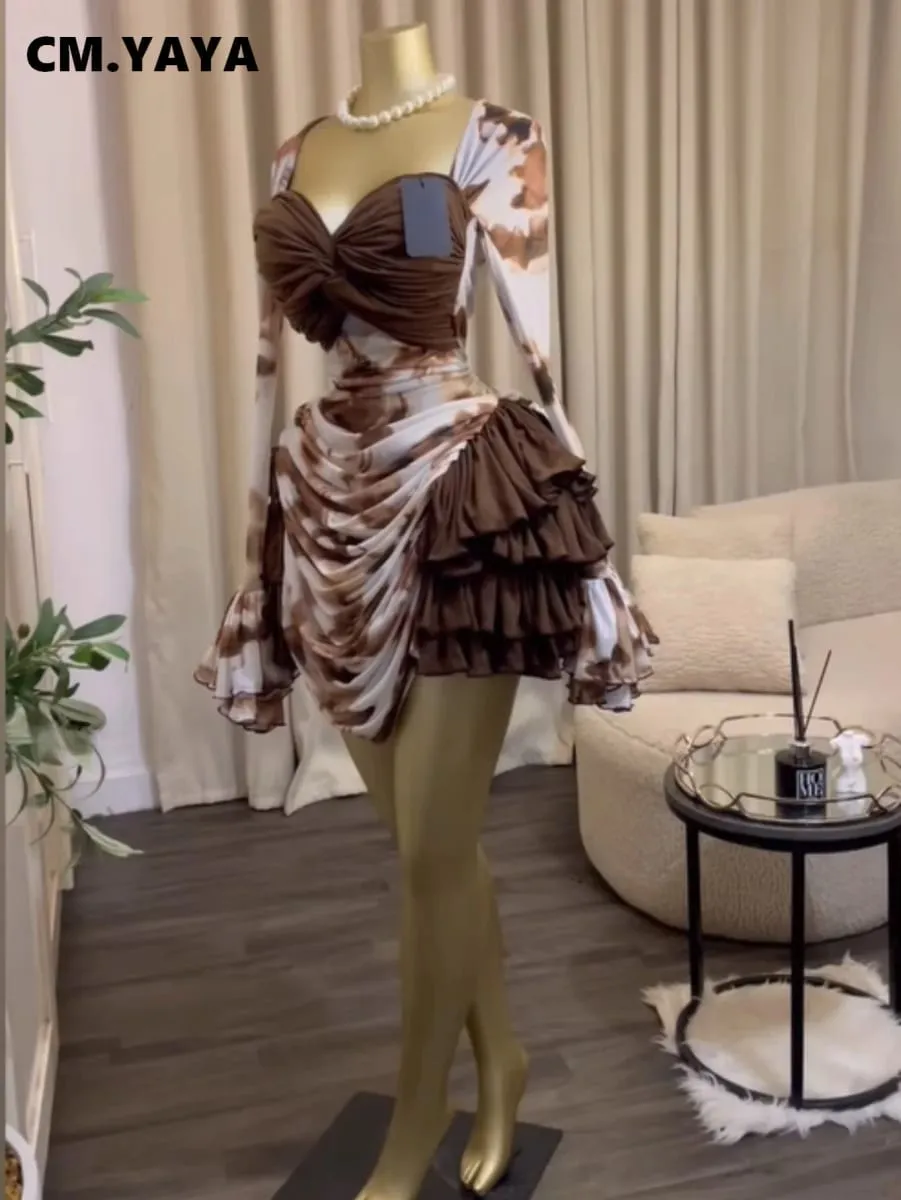 CM.YAYA Donna Tie Dye Stampa Cascata Ruffles Campana Manica lunga Aderente Increspato Drappeggiato Abito con scollo a V Vacanza al mare Abiti da vacanza