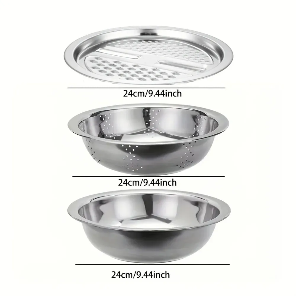 3pcs Stainless Steel Multi-Functional Kitchen Grater Set Draining Bowl with Vegetable Washing Mandoline Slicer for Potato