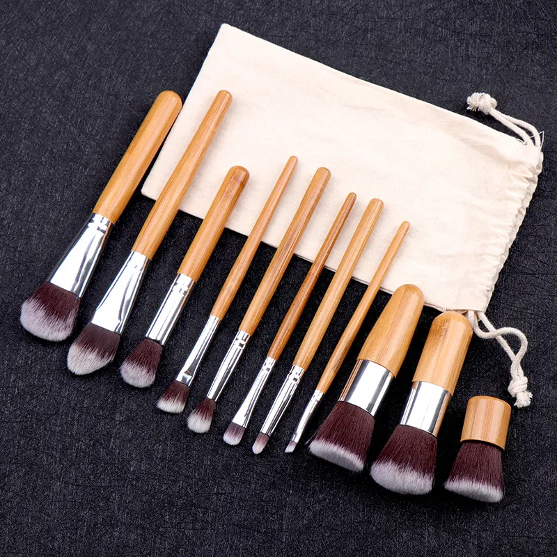 11 Pcs/Set Natural Bamboo Handle Makeup Brushes Set Professional Foundation Blending Brush Cosmetic Make Up Tool With Cotton Bag