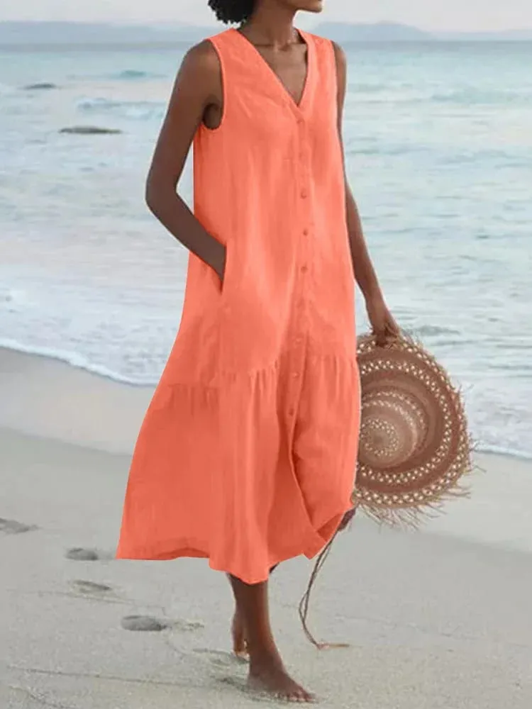 Summer Loose Casual Patchwork Cotton Linen Pocktes Dress V Neck Beach Style Dress Sleeveless Vintage Club Midi Solid Women Dress — image 2