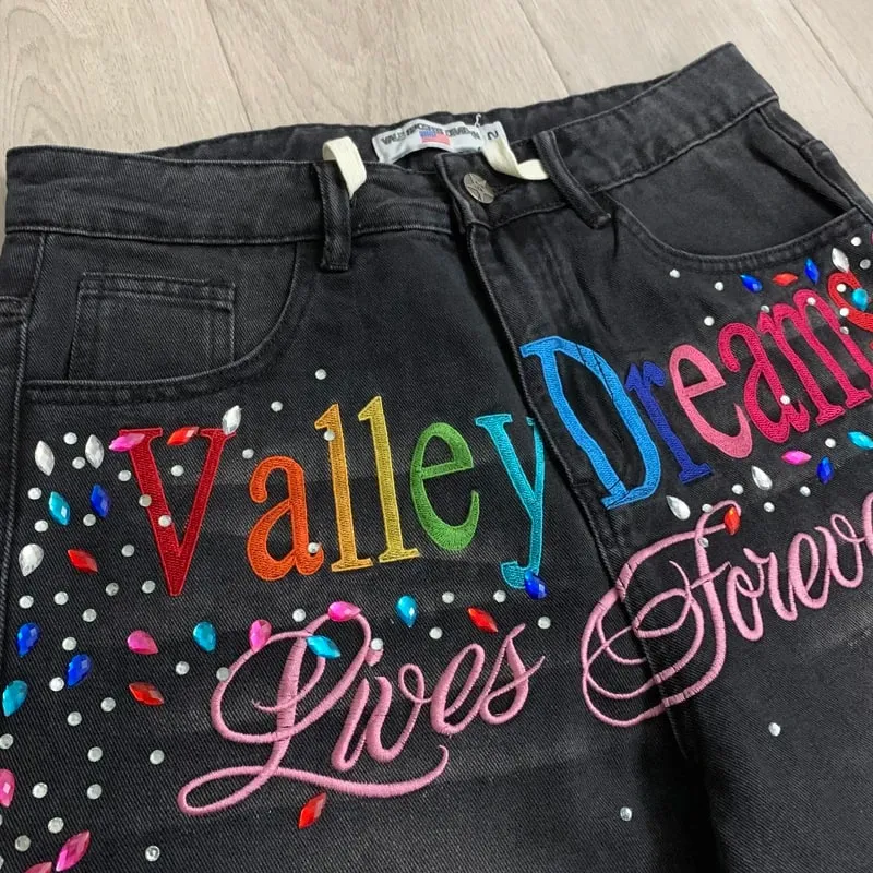 2026 Latest Style VALLEY Shiny Diamond Logo Denim Shorts Vintage Washed Men Women High Quality Fashion Skinny Jeans — image 4
