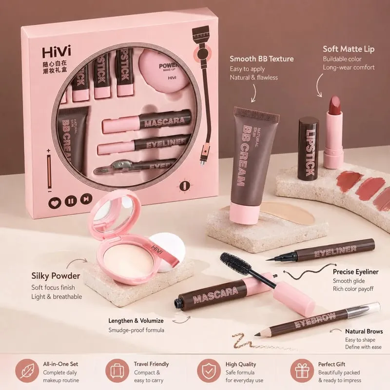 9PCS Makeup Gift Set for Women All-in-One Lipstick Mascara Eyeliner BB Cream Powder Compact Travel Beauty Kit for Beginners