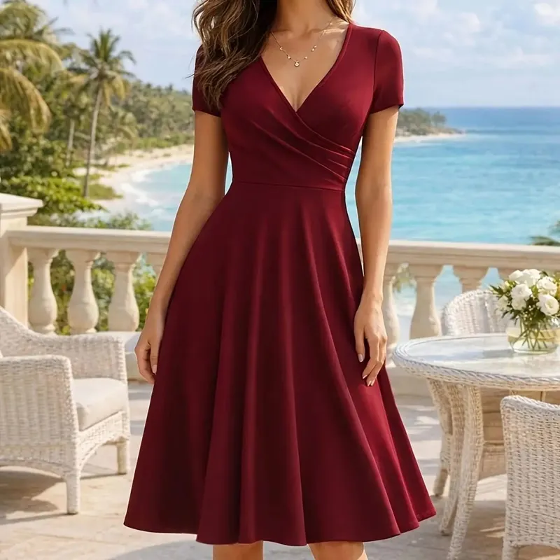 Damen-Kleid, elegant, Rundhalsausschnitt, Sommer, kurzärmelig, einfarbig, A-Linie, knielang, Kleid mit hoher Taille, für Party, Hochzeit, lässiger Abgang