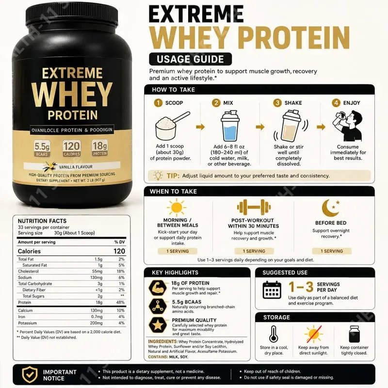 Whey Protein Powder White Mass Gainer Muscle Supplement Muscle Growth Sport Health Support for Gym Vanilla Flavor 1000g