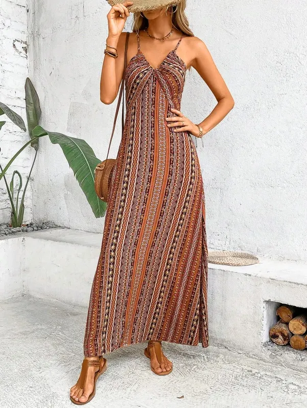 Women's Summer Ethnic Pattern Backless Split Thigh Dress Ladies Summer Clothes Boho Fashion Frill Trim Long Dress for Beach — image 9