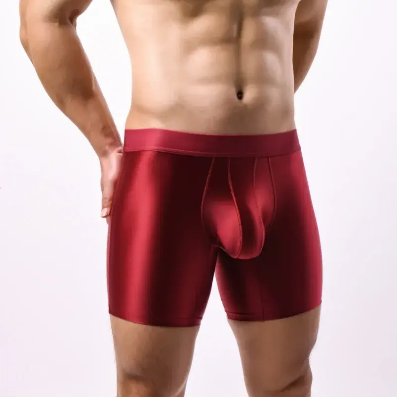 Bright Silky Smooth Underwear Men Stretch Satin Seamless Long Leg Boxer Shorts Bugle Pouch Sport Underpant Club Party Lingerie