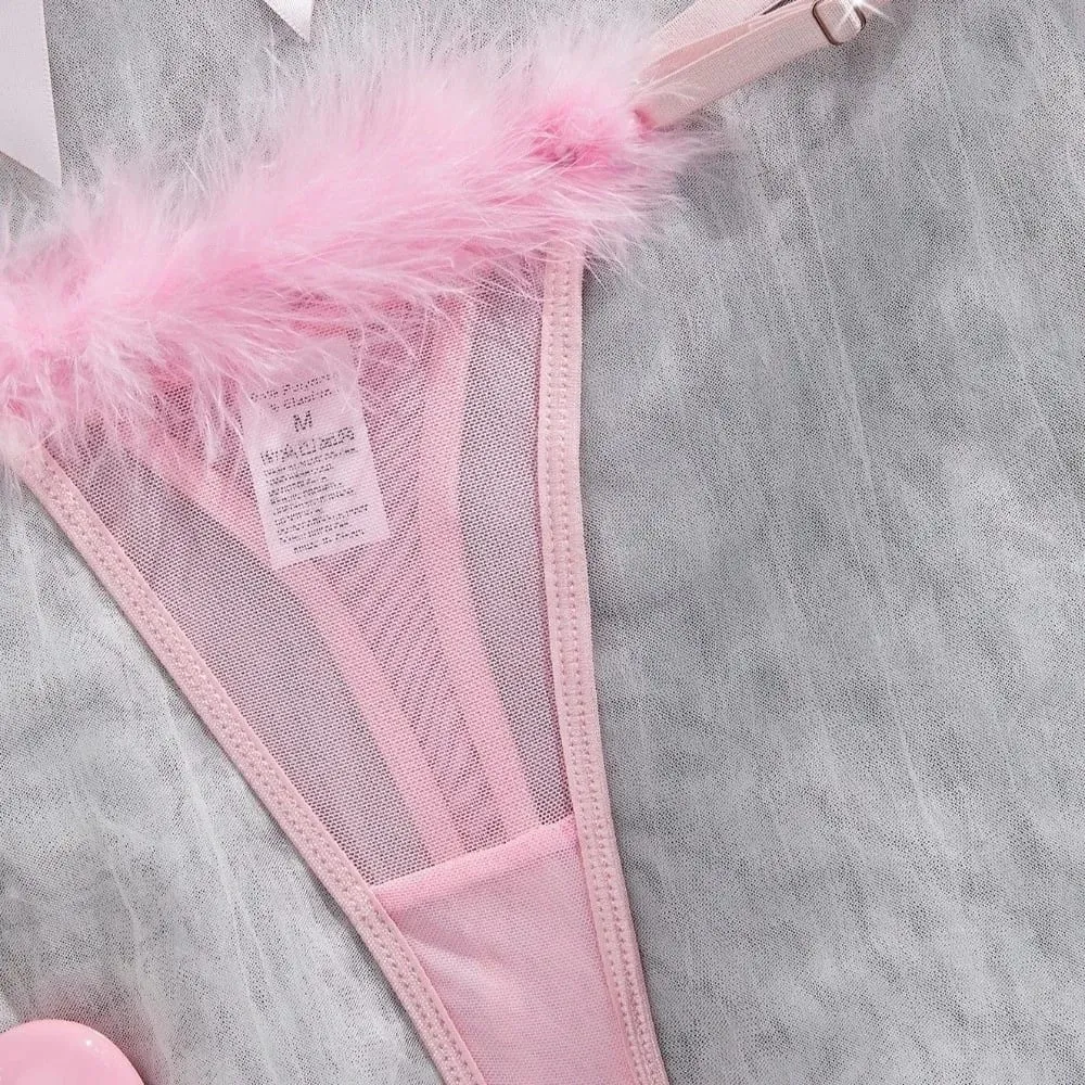 Sweet Furry Women's Underwear Mesh Transparent Wireless Lingerie Set Bow Decor Romantic Intimate Bra Panties Suit Christmas