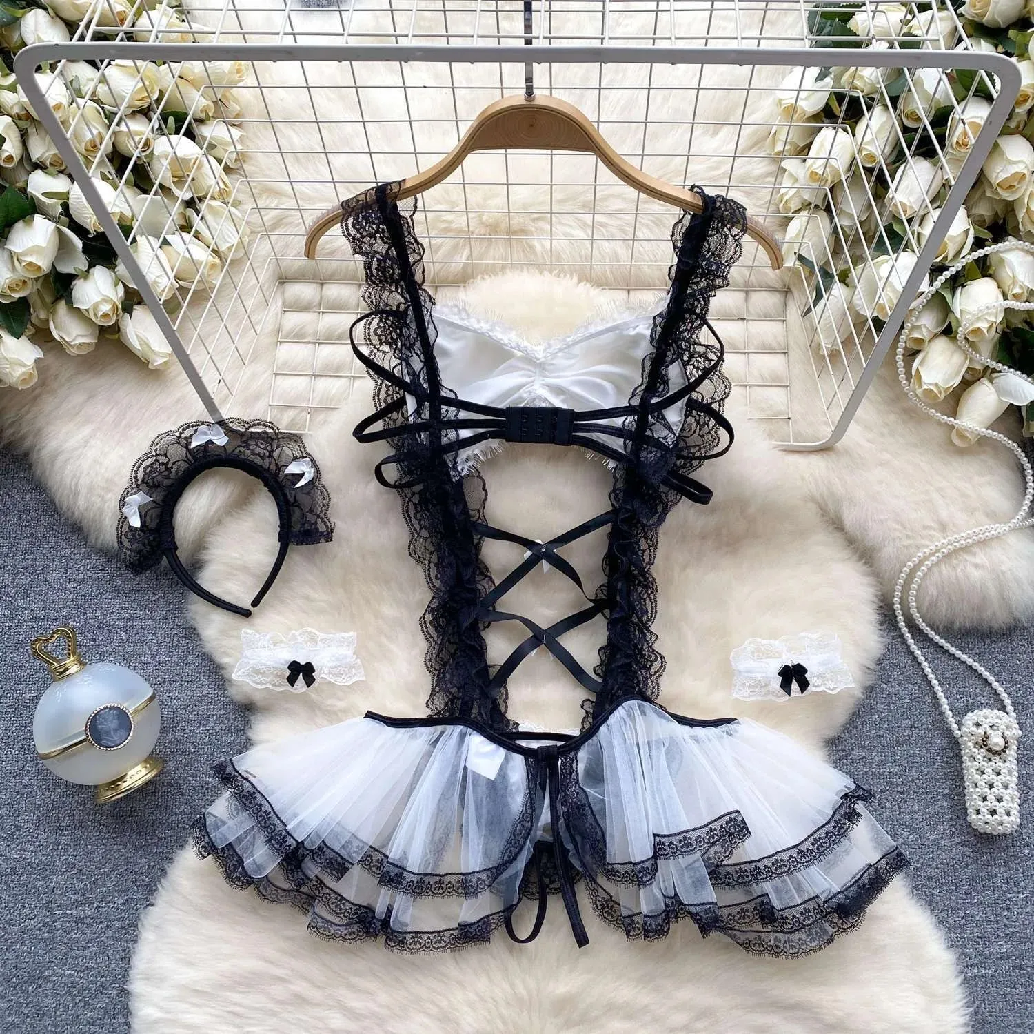 Lolita Strap Bodysuit With Cross Lace Up Hollow Patchwork Playsuit Double-Layer Sheer Mesh Sweet Women's Pajamas Sexy Lingerie
