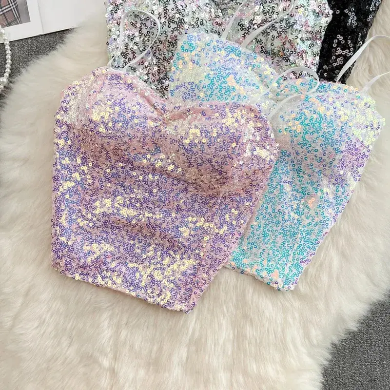 Sexy Sequin Party spaghetti Croset Bustier backless Slim Tanks and Camis Strap Glitter Crop Top Fashion Summer Women Clothes Y2k