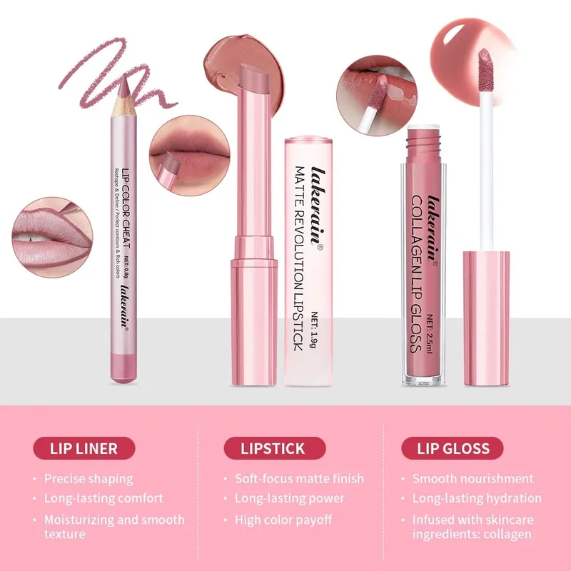 Set Lip Liner + Lipstik 5 Warna dan Pewarna Bibir Kit Bibir Matte Mudah Diwarnai Lipstik Merah Tahan Lama Set Rias Bibir