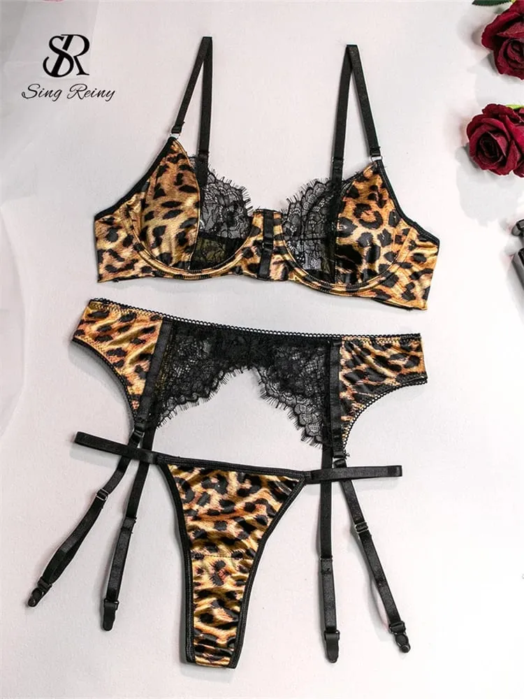 Leopard blonder splejset sensuel bh og trusser jakkesæt Porno stropløs korset jakkesæt Lingeri dame klubskede undertøjssæt