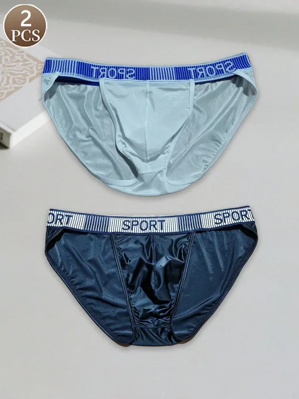 2PCS Basic casual sports knit fabric soft solid color low waist quick drying Men's sports cool ice silk brief