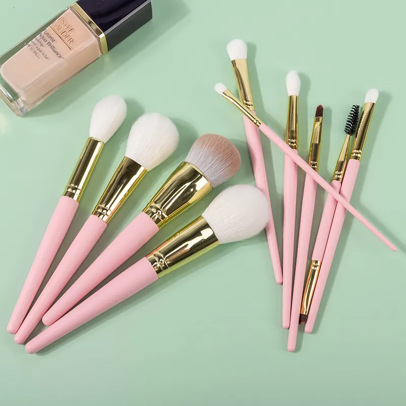 10pcs Pink Makeup Brushes Eyeshadow Brush Blush Liquid Foundation BB Cream Brushes Goat Hair Make Up Brushes Bag Cosmetic Tools