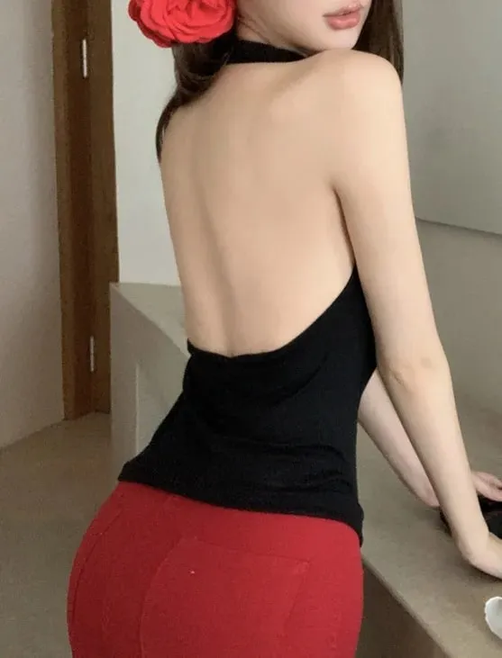 1pcs Girls Knit Sleeveless Halter Tops for Women Basics Solid Slim Fitted Womens Sports Vest Backless Strapless Tank Tops