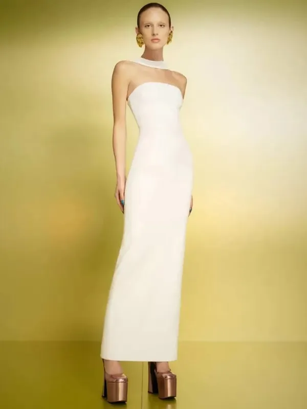 Kvinder Berømthed Sexet Rygløs Halter Rød Hvid Maxi Lang Sommerbandage Bodycon Kjole 2025 Elegant Aftenklub Festtøj — image 5