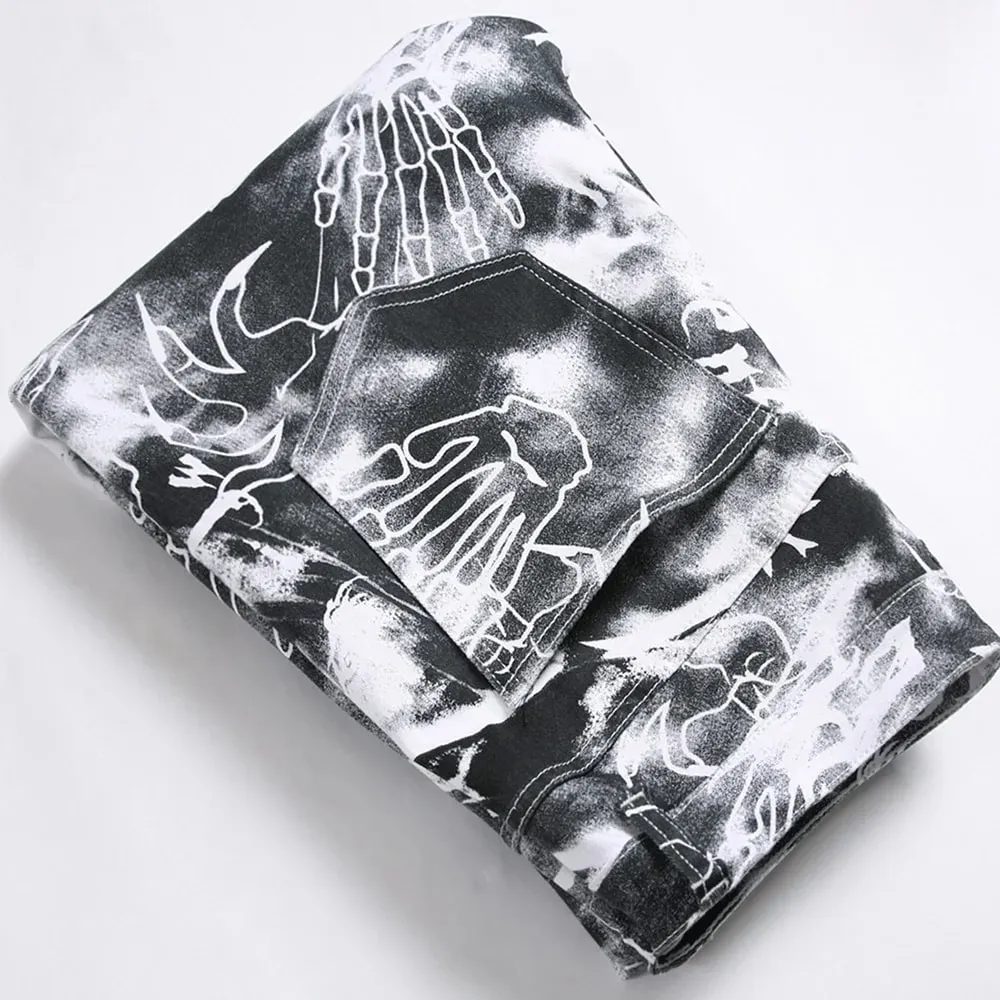 Men Skull Printed Jeans Fashion Devil Hand Pattern Denim Pants Black White Slim Straight Trousers