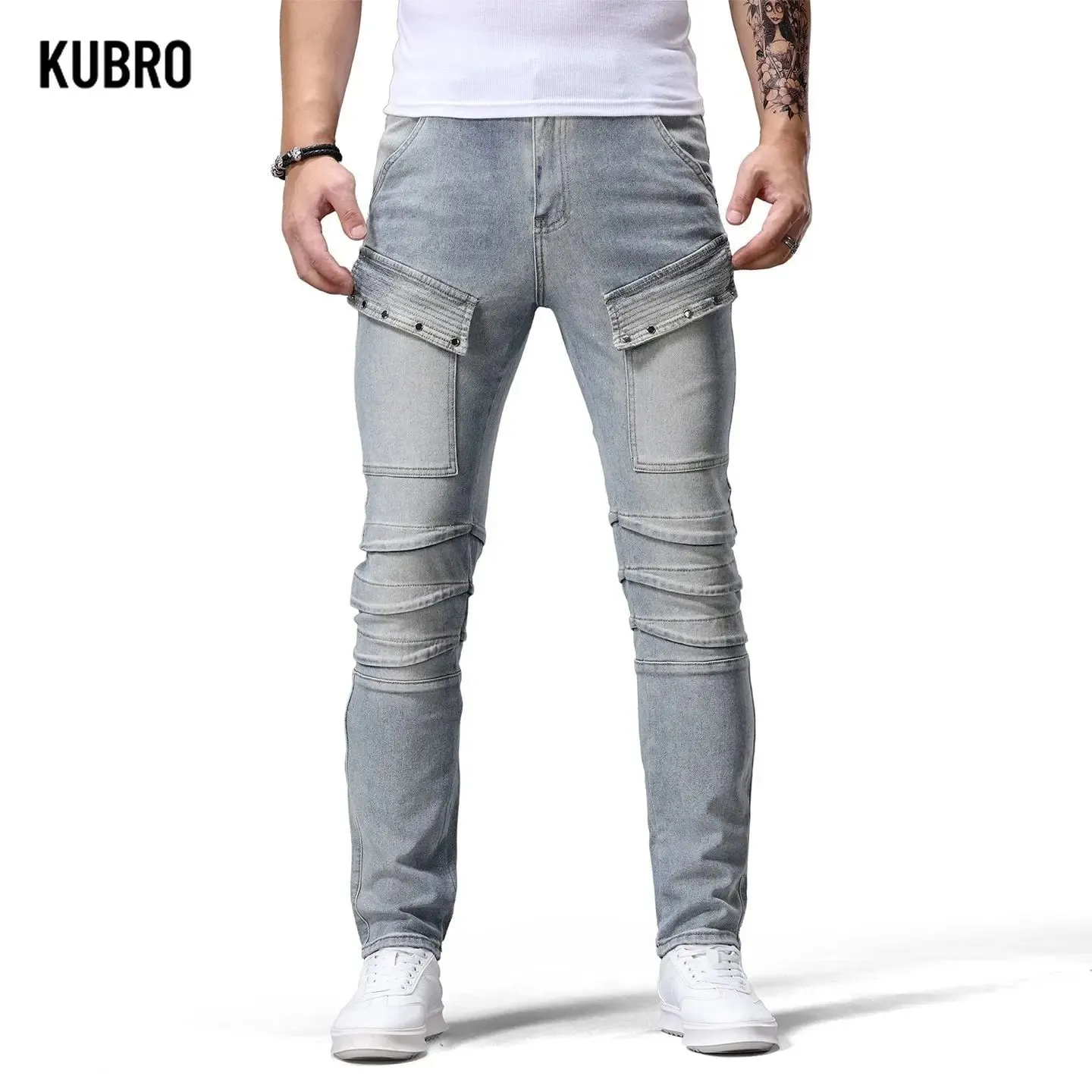 Retro Motorcycle Denim Jeans Men's Trending Patchwork Handsome Slim Fit Long Pants Fashion Board Straight Leg Jeans Denim Pants