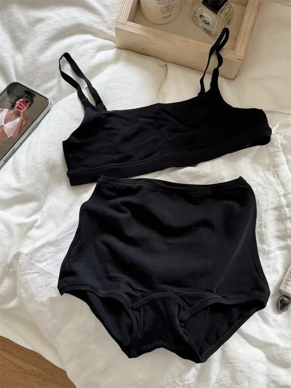 Solid Cotton Sport Set Woman Adjusted-strap Seamless Bras+Low Waist Boxer Briefs Casual Simple High Elasticity Lingerie Sets