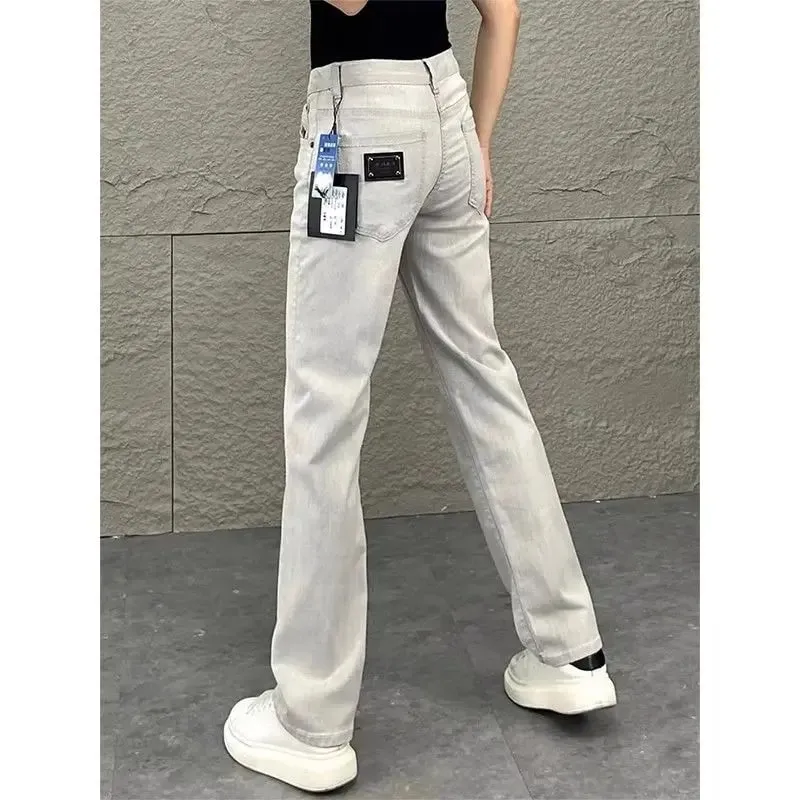 2026 Luxury Jeans for Man Original White Gray Draped Jeans for Men Summer New Slim Fit Trendy Straight-leg Slimming Casual Pants