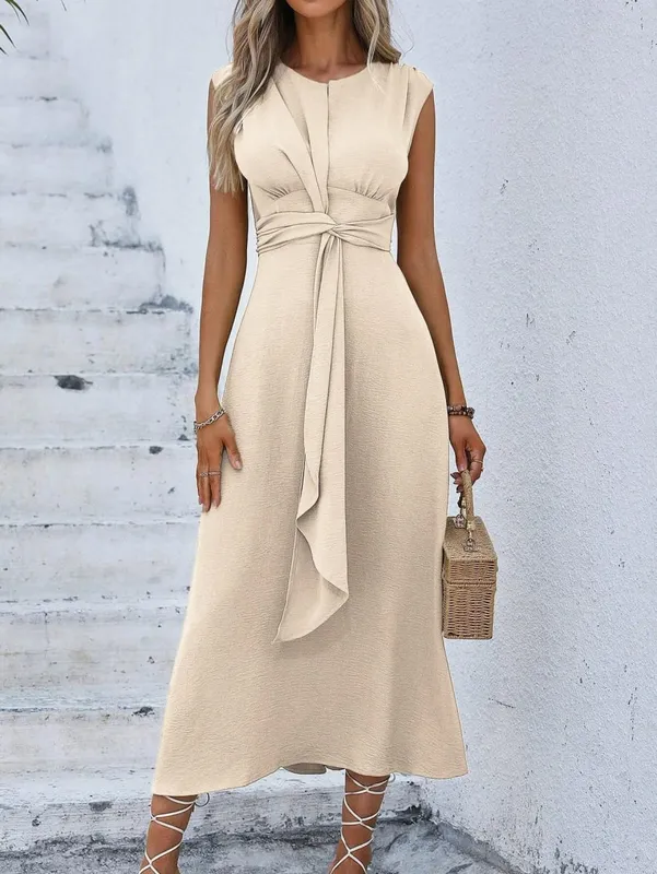 Women's Solid Color A-Line Dress Sleeveless Front Thin Straps Elegant Belted Midi Dress for Summer