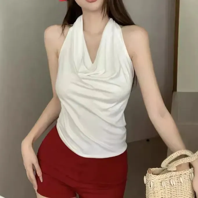1pcs Girls Knit Sleeveless Halter Tops for Women Basics Solid Slim Fitted Womens Sports Vest Backless Strapless Tank Tops