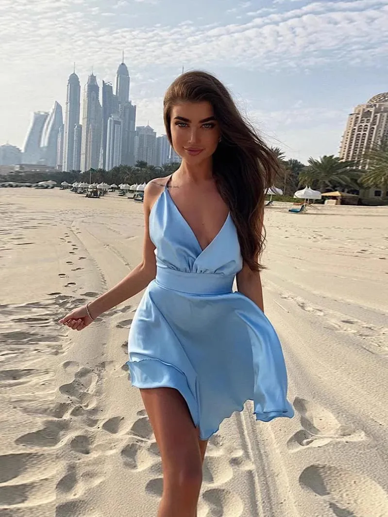 Summer Sexy 2000s European and American Solid Color V-neck Bow High Street Vintage style emo Strap Dress Strap A-line short Dres