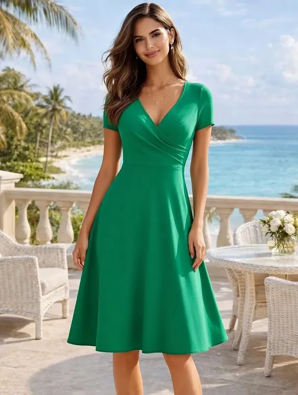 Damen-Kleid, elegant, Rundhalsausschnitt, Sommer, kurzärmelig, einfarbig, A-Linie, knielang, Kleid mit hoher Taille, für Party, Hochzeit, lässiger Abgang