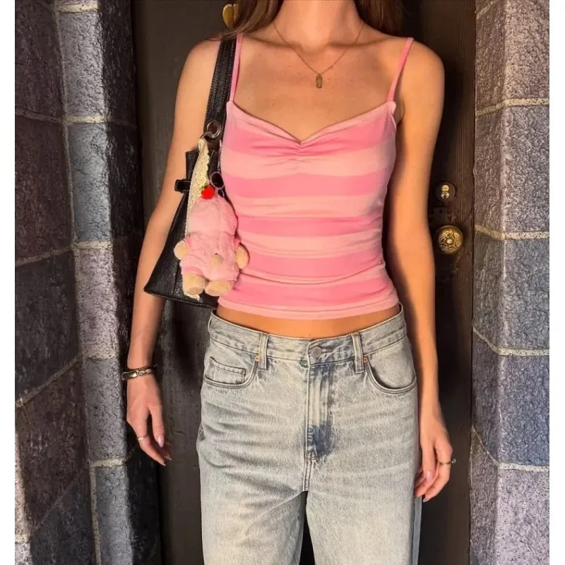 Color Block Stripe Twist Front Spaghetti Strap Cami Top Slim Fit Y2K Sweet Summer Sleeveless Tank Top