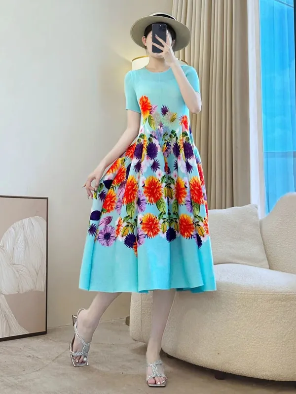 Miyake Pleated Printed Dresses European American Fashion Simple Elegant Short Sleeve Lightweight Women's Bounce Flower Bud Dress