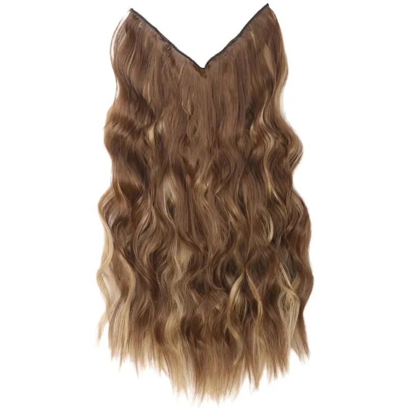 Black Halo Hair Extensions with Invisible Wire Adjustable Size 22inch Long Synthetic Wavy Curly Hairpieces for Women No Clip
