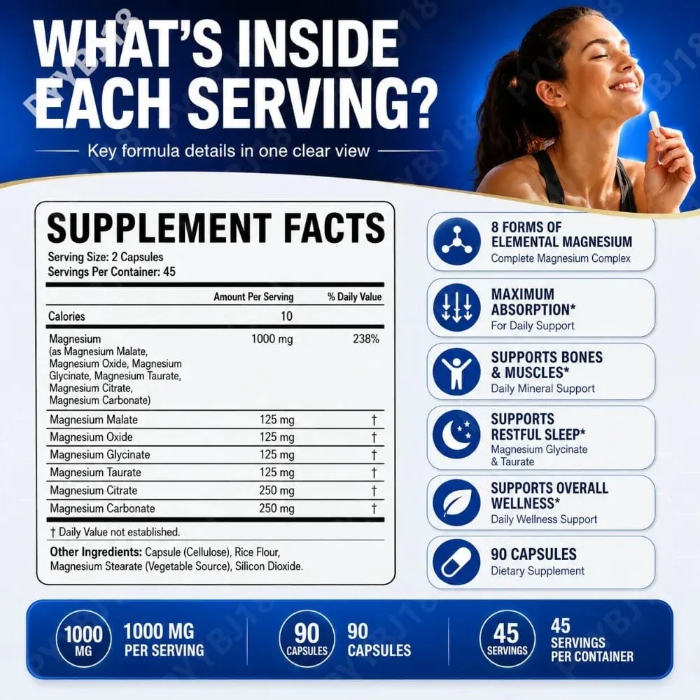 Magnesium Complex Capsules with 8 Forms of Magnesium Mineral Supplement for Bone & Muscle Support & Restful Sleep 90 Capsules