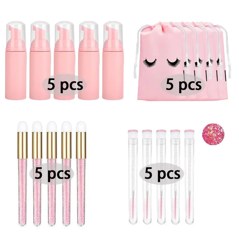 60ml Refillable Empty Plastic Pump Bottle Lash Extension Cleaning Kit Long Rod Brush Lash Curler Dust Tube EVA Storage Bag Tools