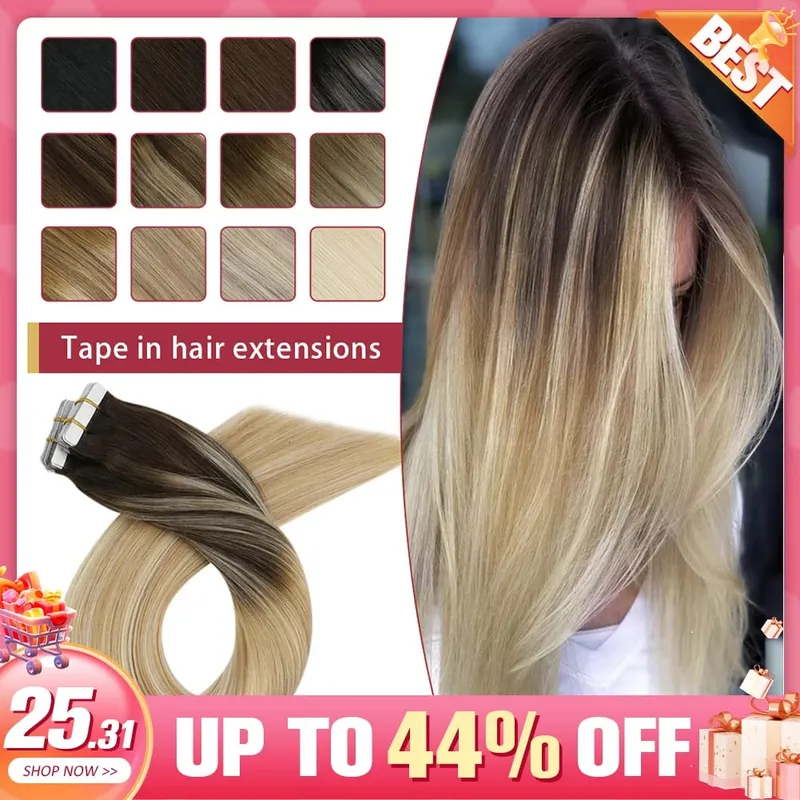 Moresoo Tape in Hair Extensions Brazilian Human Hair Real Natural Balayage Blonde Ombre Hair Straight Machine Remy Hair Tape Ins