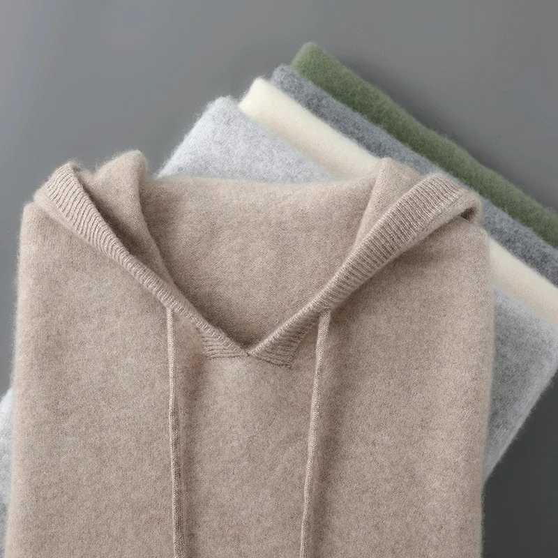 DjzDsm Herbst-Winter-Herrenpullover aus 100 % Merinowolle, dicker Kapuzenpullover, weiche Strickwaren, lässige, bequeme Wollkleidung, Oberteile