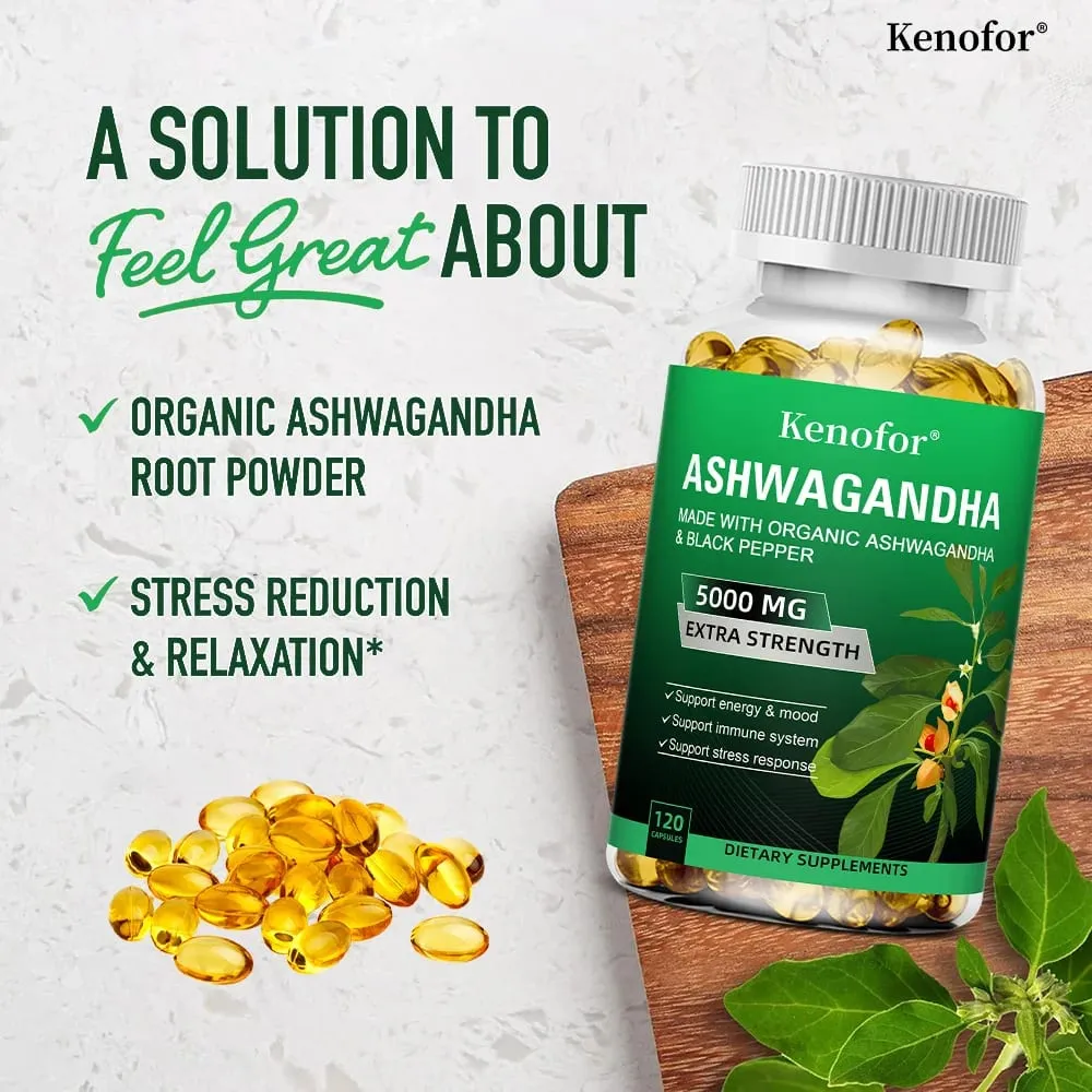 Pure Ashwagandha Root Extract Capsules 5000mg for Natural Mood Stress Focus Brain Energy Sleep Health