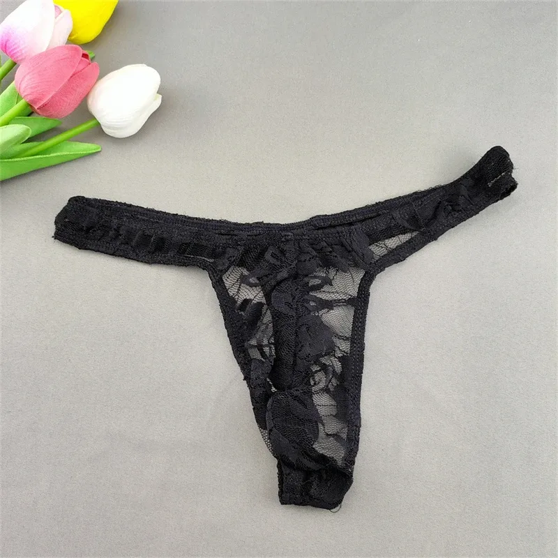 Lace Floral Sexy Men's Underwear Solid Hollow Perspective Thong Comfort Bugle Enhance Sissy G-String Gay Low Rise T-back Panties — image 11