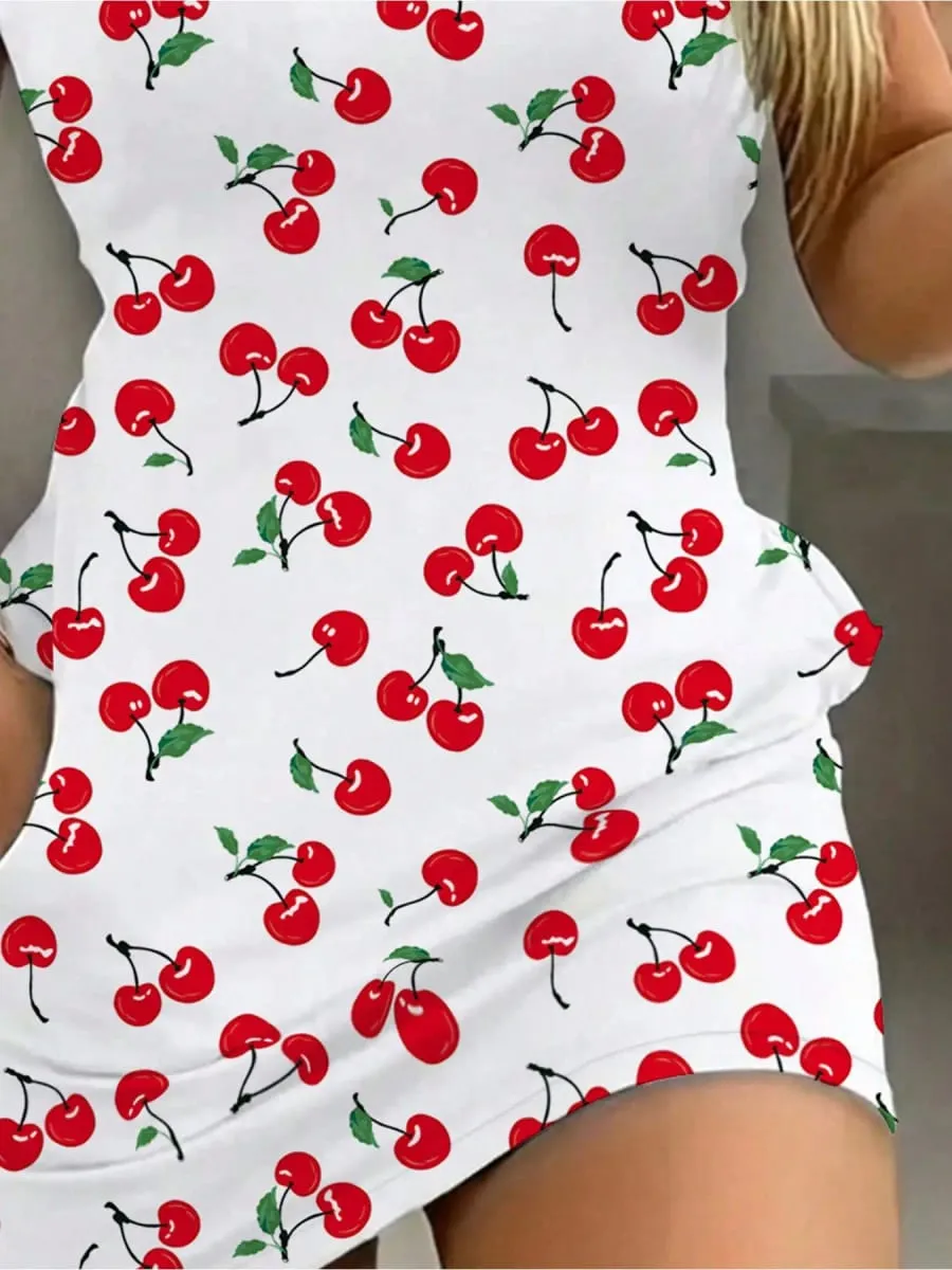 Elegant Casual round Neck Solid Color Cherry Print Pocket Short Sleeve Mini Skirt Long Dress Comfortable Fashionable Women's Dre