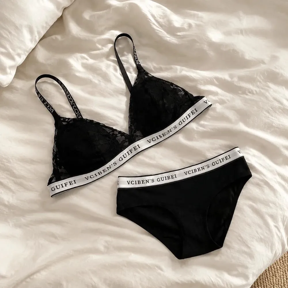Comfortable Letter Design Lingerie Set Deep V Lace Women Underwear Suit Wireless Color Blocking Bra Panties Set Gift