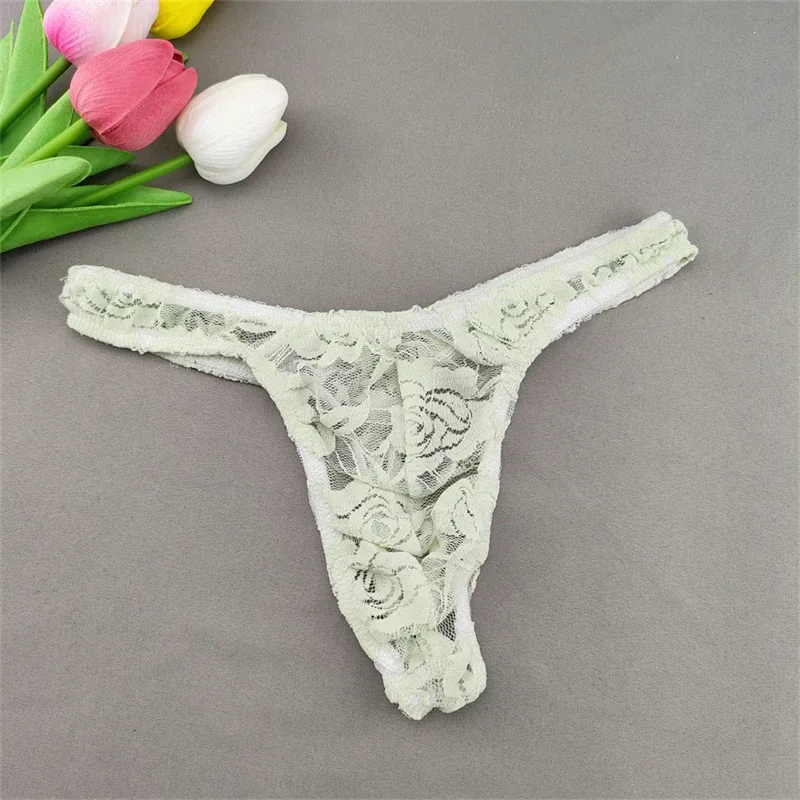 Lace Floral Sexy Men's Underwear Solid Hollow Perspective Thong Comfort Bugle Enhance Sissy G-String Gay Low Rise T-back Panties — image 24