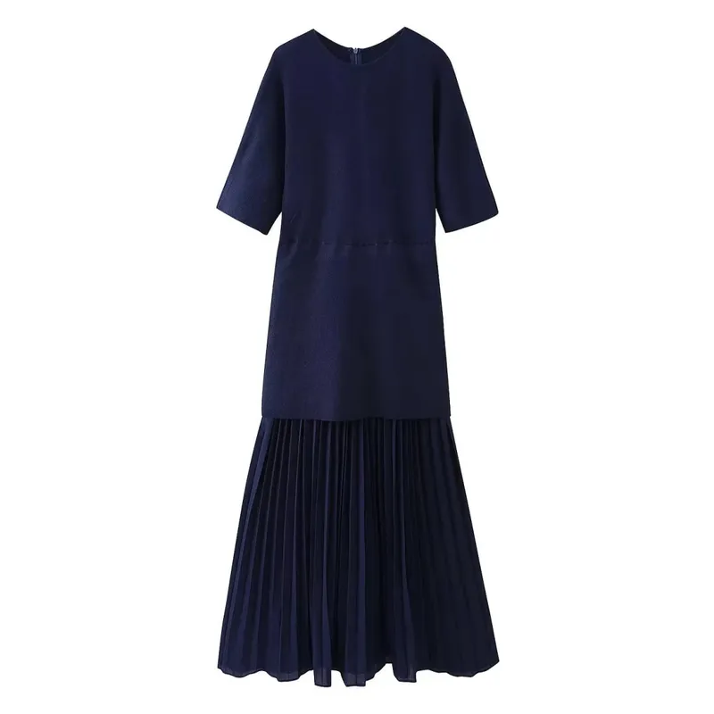 HH kobiety eleganckie pół rękawy O-kołnierz plisowana sukienka wiosna kobieta tylny zamek błyskawiczny łączenie Vintage w stylu Casual, długa sukienka z dzianiny — image 11