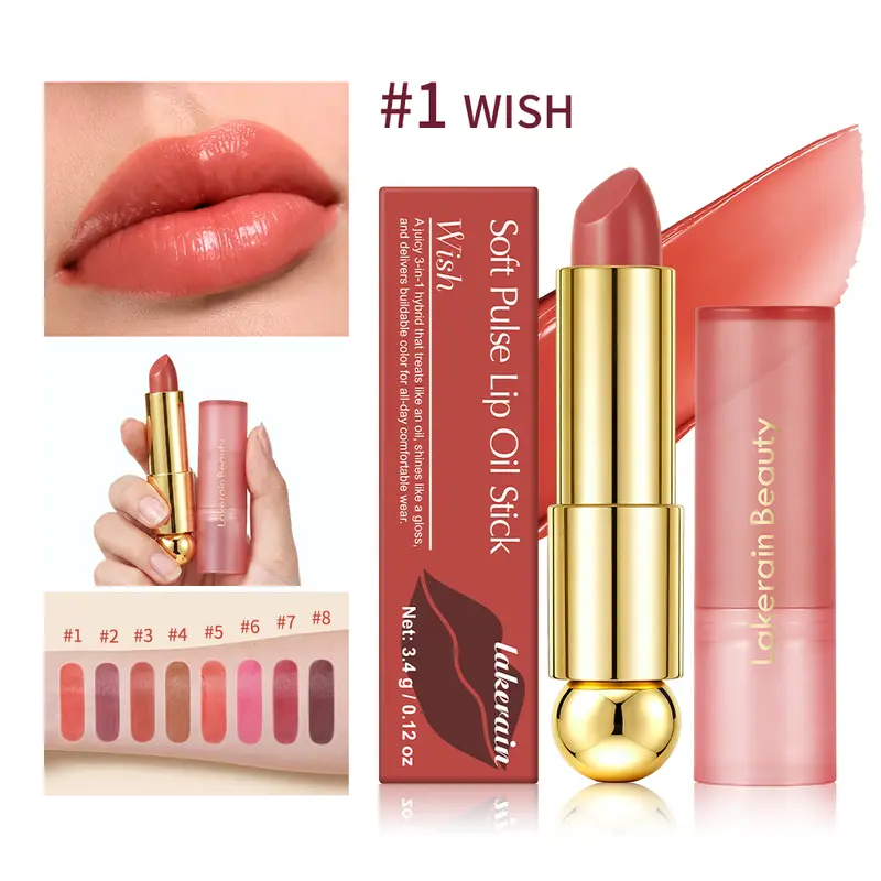 3‑in‑1 Solid Tinted Lip Oil Stick Glass Plump Glossy Finish Buildable Color Nourishing Apple Seed Oil Lip Care Makeup