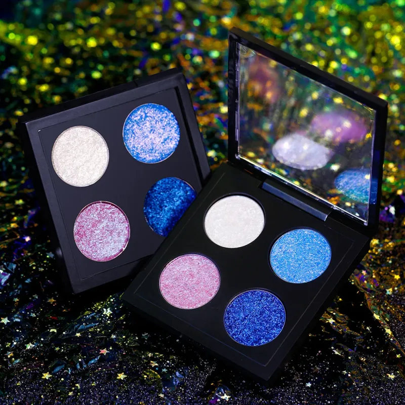 Paleta de sombras camaleão vegano de 4 cores, maquiagem de marca própria, atacado, logotipo personalizado, sombra de olhos com mudança de cor